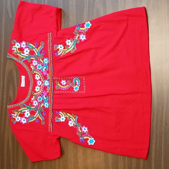 xzxdorwj Tops - XZXDORWJ Red Blouse w Flower Embroidered Embellishments M